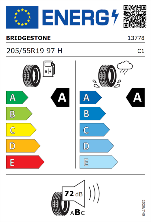Tyre Label for Bridgestone Turanza T001 Evo 205/55R19 97H