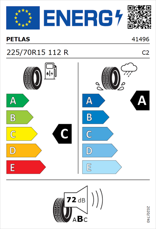 Tyre Label for Petlas Full Power PT835 225/70R15 112R