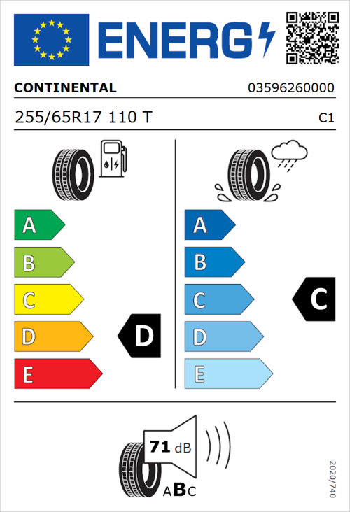Tyre Label for Continental CrossContact H/T 255/65R17 110T