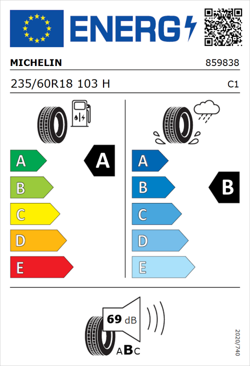 Tyre Label for Michelin e.primacy 235/60R18 103H