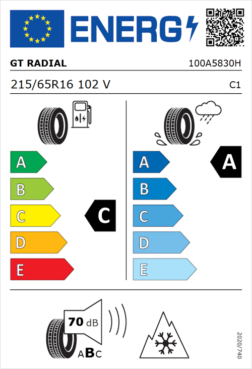 Tyre Label for GT Radial Climate Active 215/65R16 102V