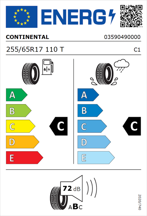 Tyre Label for Continental CrossContact H/T 255/65R17 110T